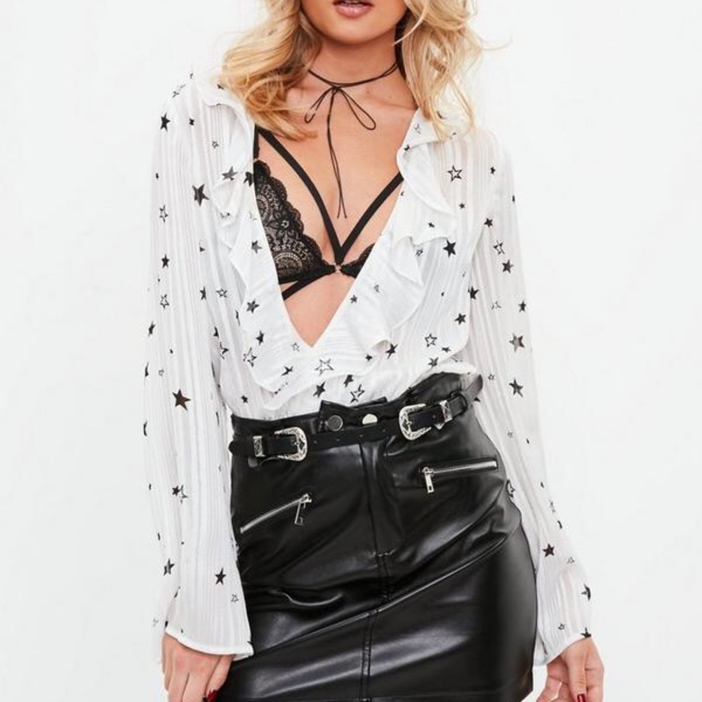 White Star Print Metallic Striped Bodysuit
